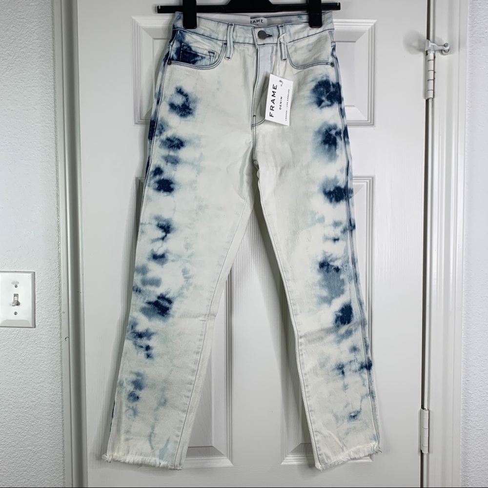 Frame Denim Le Sylvie Crop High Waisted Jeans in White Tie Dye Print